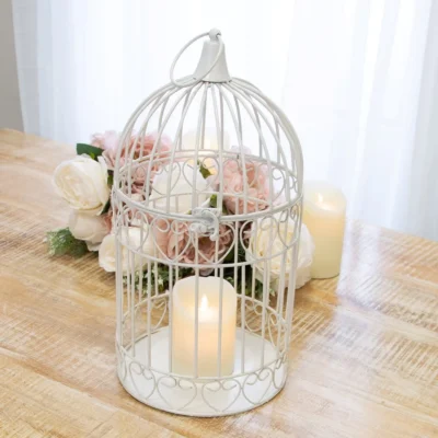 White Metal Heart Embellished Birdcage Lantern