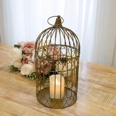 Antique Brass Metal Heart Embellished Birdcage Lantern