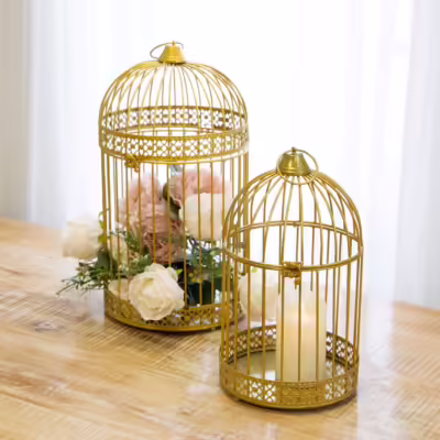 Gold Set Of 2 Decorative Floral Birdcage Lantern - MHRMS125_1