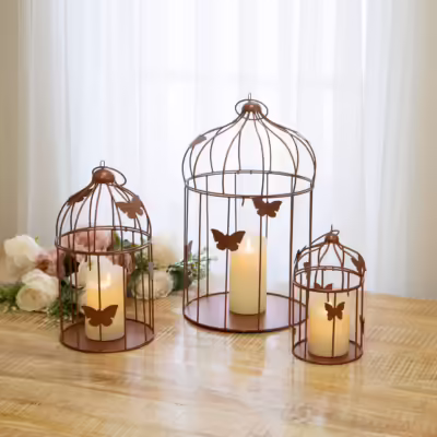 Antique Copper Set Of 3 Decorative Butterfly Birdcage - MHRMS134_1