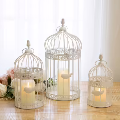 White Set Of 3 Metal Birdcage Lantern - MHRMS144_1