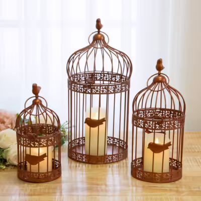 Antique Copper Set Of 3 Metal Birdcage Lantern - MHRMS146_1