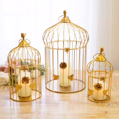 Gold Metal Set Of 3 Decorative Floral Birdcage Lantern - MHRMS141_1