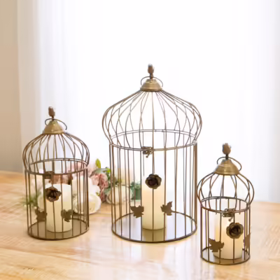 Antique Brass Metal Set Of 3 Decorative Floral Birdcage Lantern - MHRMS143_1