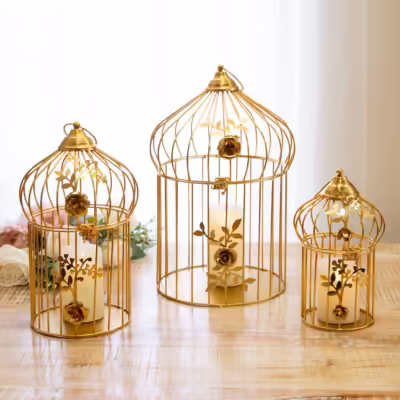 Gold Metal Set Of 3 Decorative Floral Birdcage Lantern - MHRMS153_1
