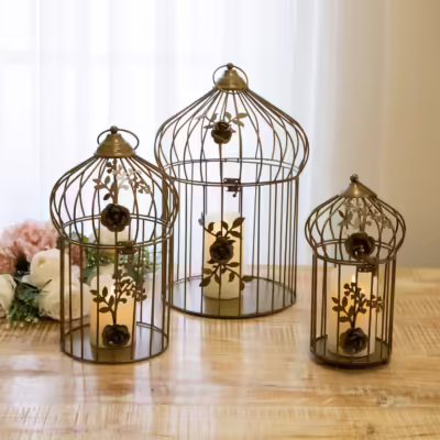 Metal Set Of 3 Decorative Floral Birdcage Lantern